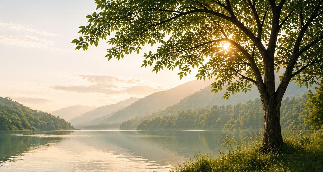 Sunlit tree by a calm lake